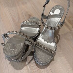 Silver Glitter Studded Women’s Ankle-Strap Sandals